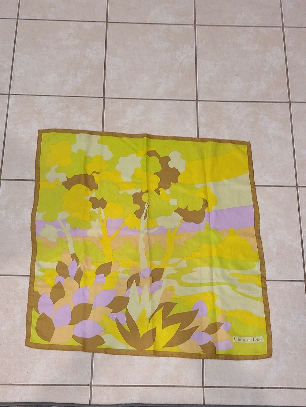Christian Dior Vintage Floral Silk Scarf Brown Green Yellow Lavender Luxe